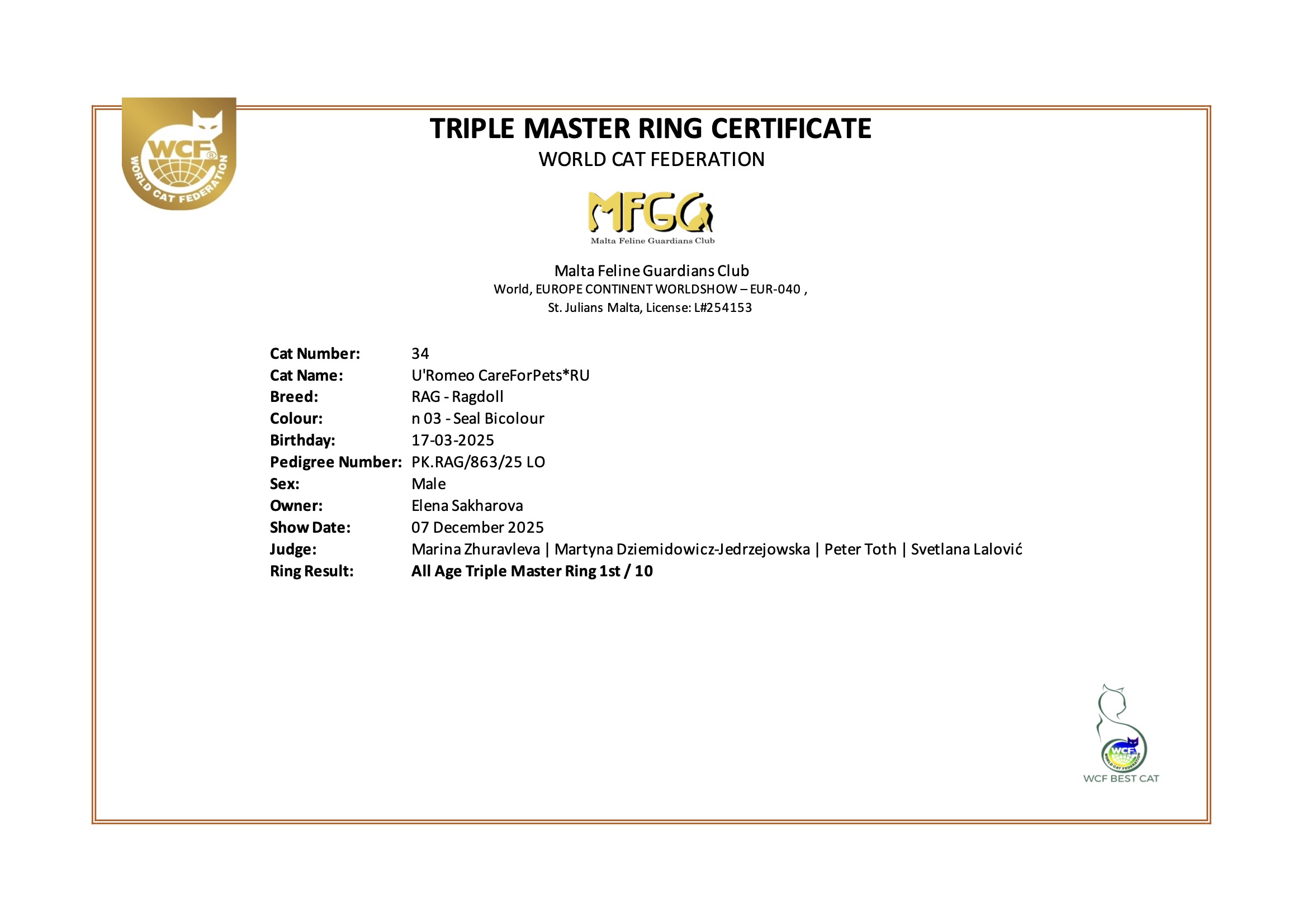 No 34 Triple Master Ring Certificate